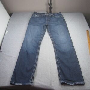 BKE Jeans Mens 38L Blue Tyler Straight Dark Wash Distressed Embroidered Cotton